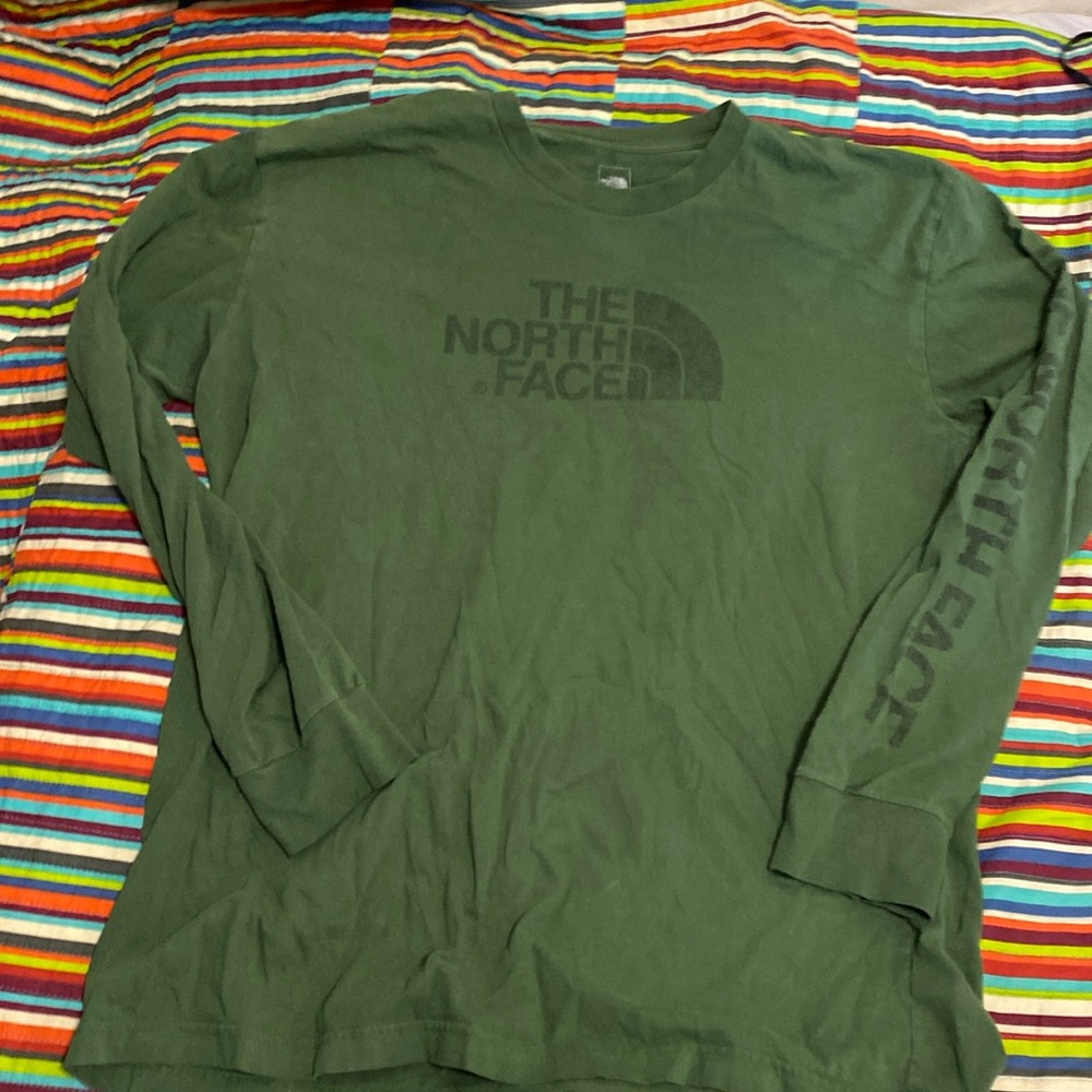 North face long sleeve, graphic logo, front and down that are size large